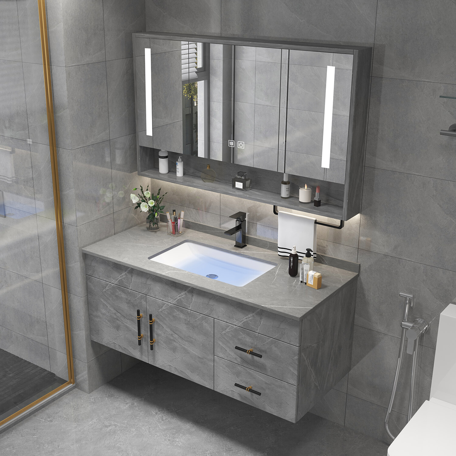 浴室柜组合2022新款陶瓷卫生间洗手洗脸台盆柜岩板洗漱池镜柜面盆