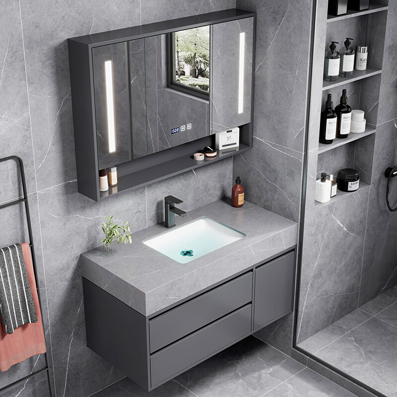 现代简约岩板一体陶瓷盆浴室柜组合卫浴镜柜卫生间洗脸盆洗漱手台