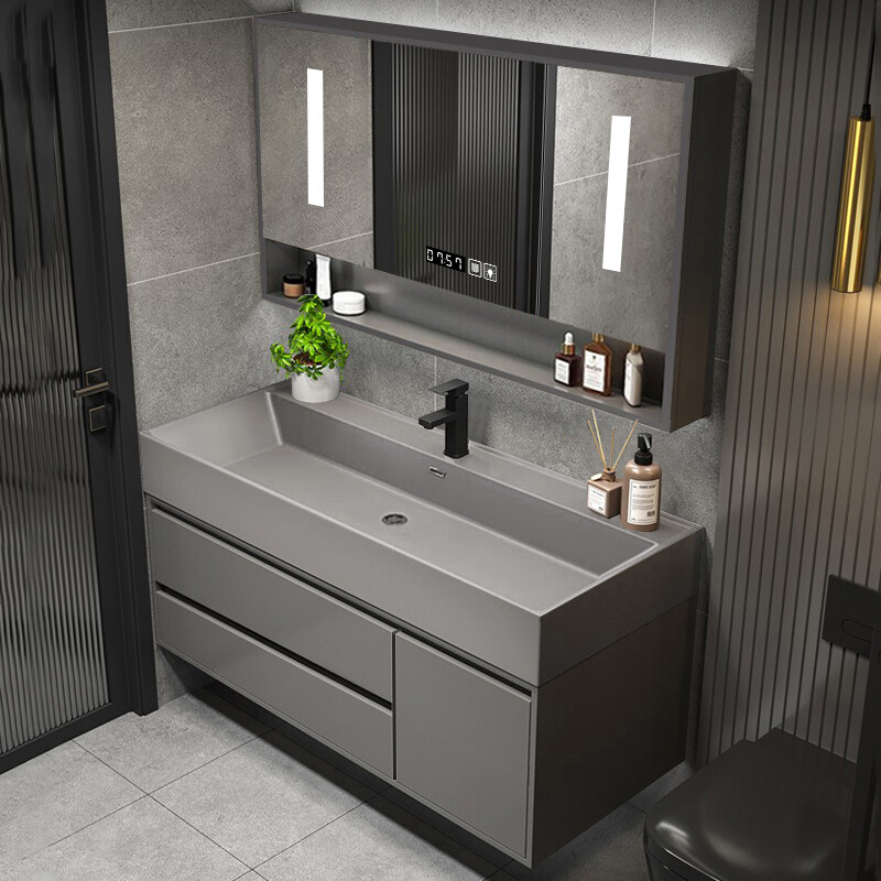 纳米岩石一体浴室柜组合洗脸洗手盆卫生间洗漱台岩板简约现代镜柜