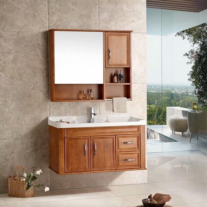 中式橡木浴室柜组合卫浴实木梳洗柜卫生间一体陶瓷洗手盆洗脸