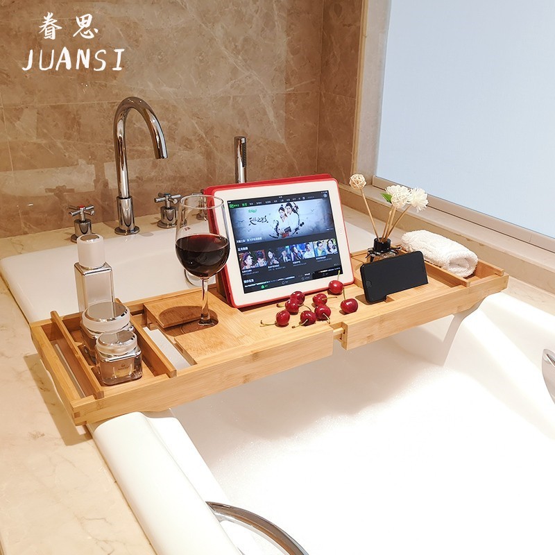 浴缸架竹制欧式伸缩防滑置物板泡澡平板手机架ins轻奢浴缸置物架
