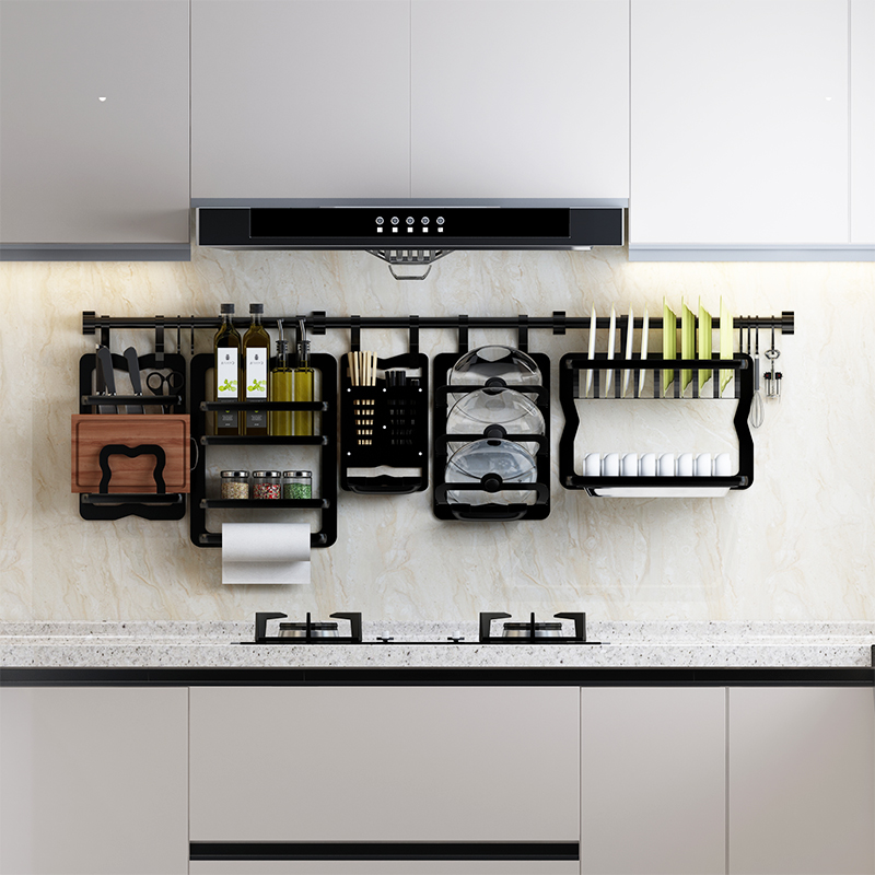 厨房置物架厨卫五金挂件壁挂美式收纳架调味料多功能免打孔黑色