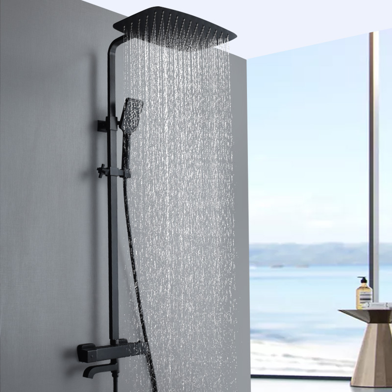 新款卫浴多功能恒温淋浴花洒套装家用带下出水龙头淋雨器黑色方形