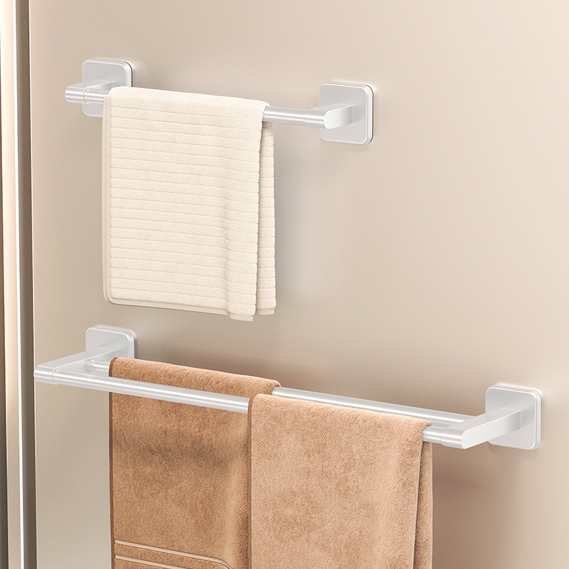 奶油白色太空铝毛巾架单杆免打孔浴室毛巾杆卫生间壁挂式毛巾挂杆