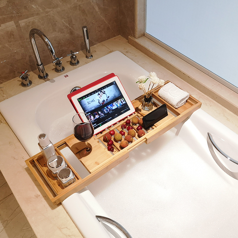 浴缸架竹制多功能泡澡手机支架卫生间可伸缩防滑浴室置物架可
