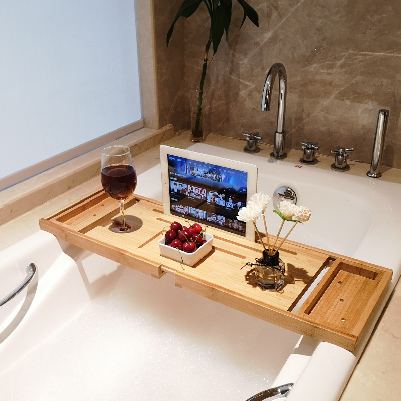 浴缸架欧式伸缩防滑多功能浴缸托盘支架泡澡置物板竹木浴缸置物架