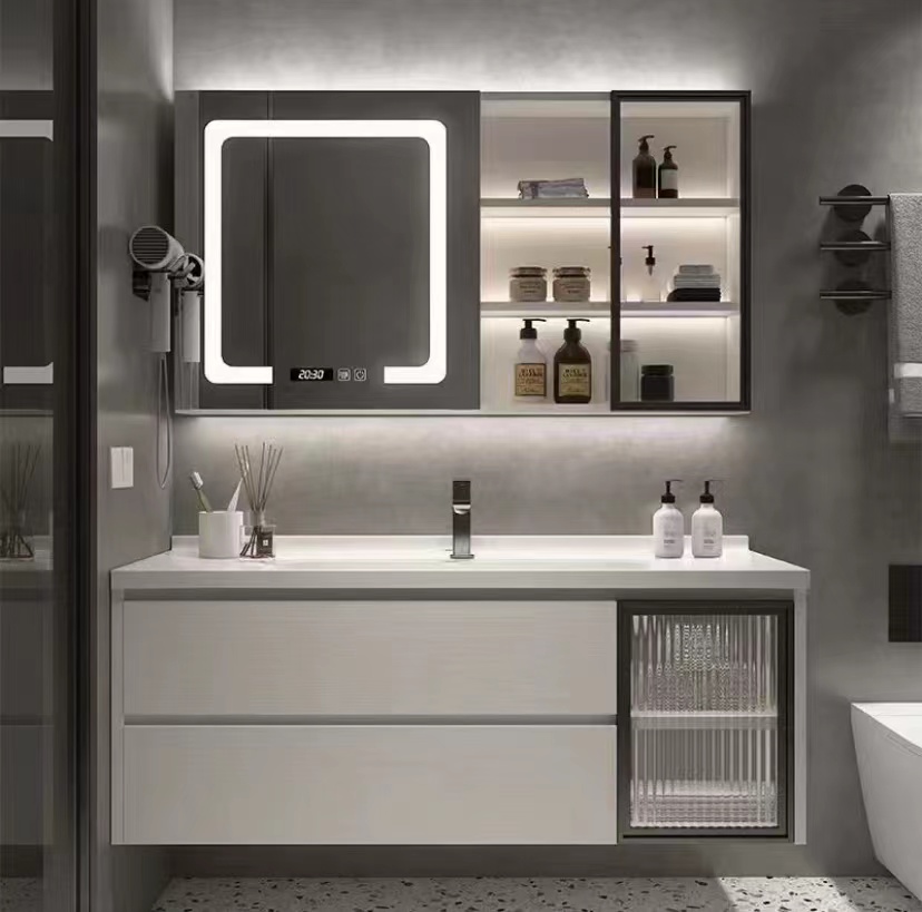 北欧智能实木浴室柜组合卫生间简约玻璃门洗脸洗手陶瓷盆小户型镜