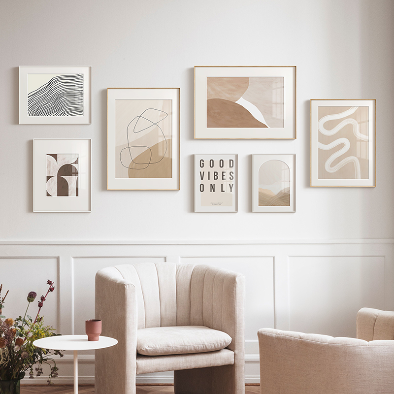 莫兰迪暖色奶油系抽象线条客厅背景装饰画小众艺术组合照片墙挂画