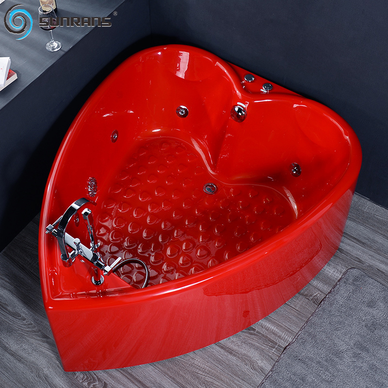 心型红色双人浴缸家用气泡冲浪按摩浴缸成人情侣扇形恒温加热浴盆