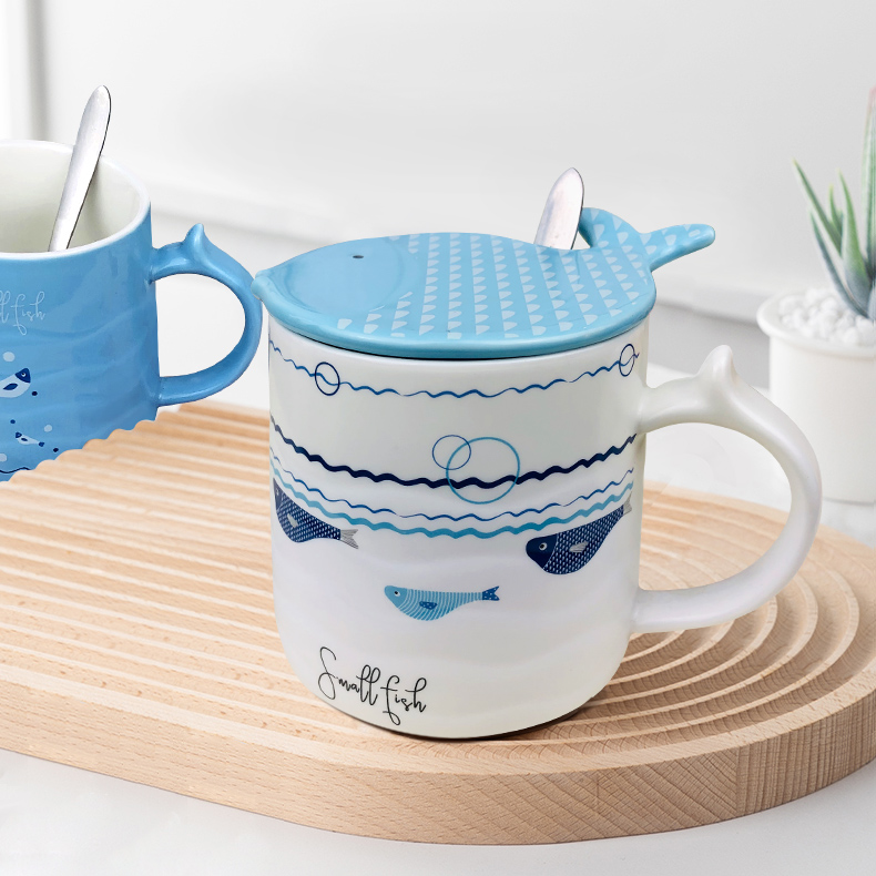 韩式精致居家办公室蓝色小动物带防尘盖送勺子防烫陶瓷马克杯白色