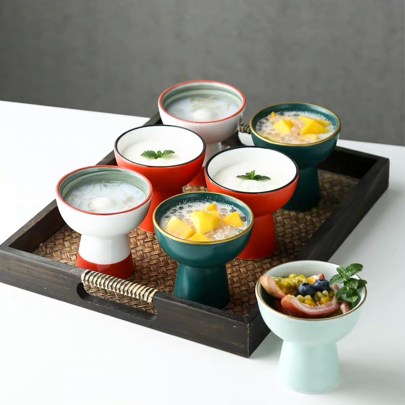 日式陶瓷餐具甜品碗釉下彩纯色简约金边高脚碗瓷商用料理防烫包邮