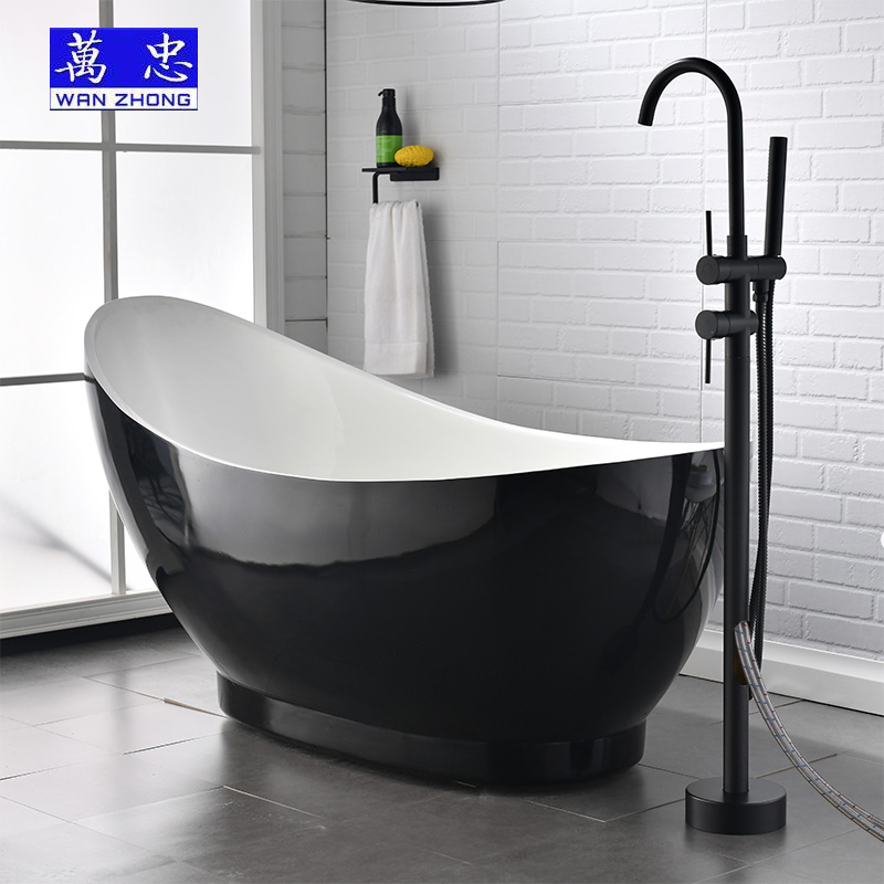 全铜黑色落地淋浴浴缸龙头冷热缸边式入墙式立式混水阀浴缸水龙头