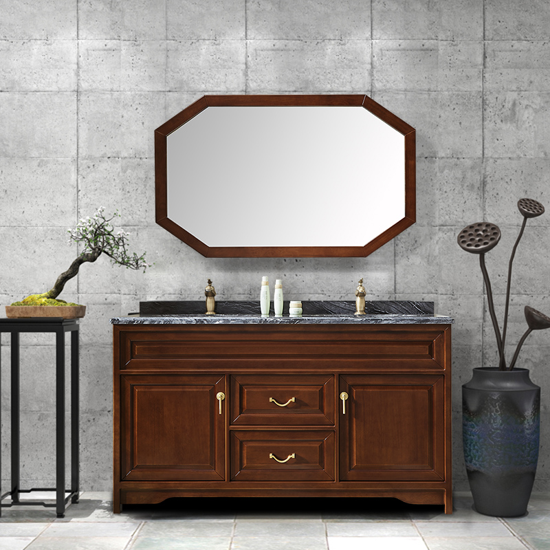 现代新中式实木浴室柜组合仿古中国风洗脸盆柜双人双台盆卫浴柜