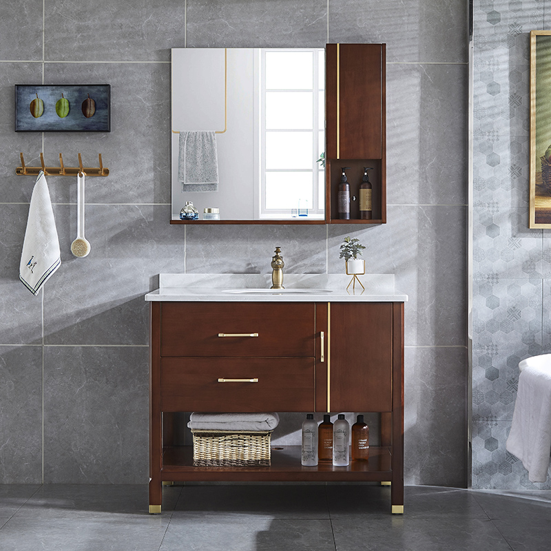 新中式浴室柜组合实木落地式洗脸盆柜现代轻奢卫生间洗漱台卫浴柜