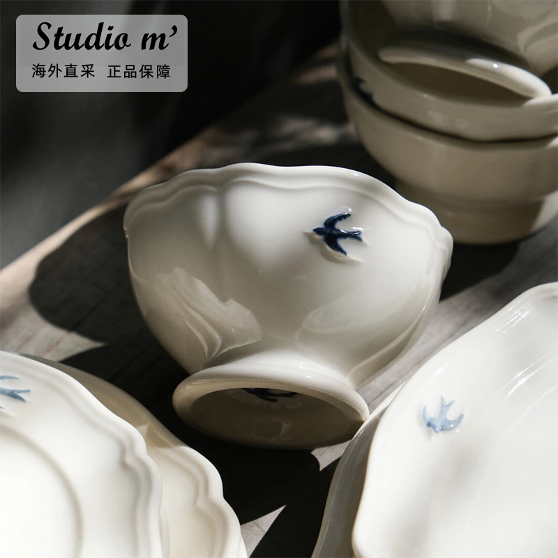 日本Studio M人气燕子陶瓷餐具日式复古浮雕花边甜品碗餐盘菜盘