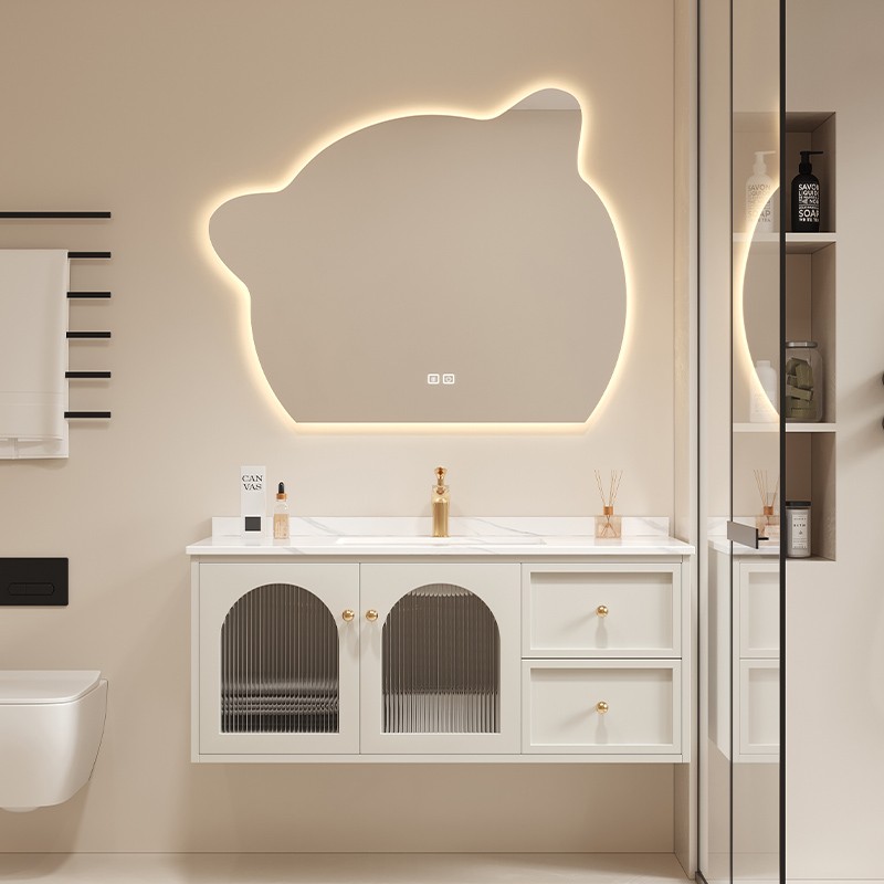 新款橡木智能浴室柜组合岩板一体陶瓷卫生间轻奢简约洗漱台洗脸盆