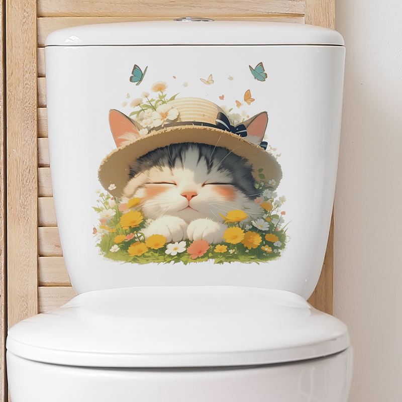 卡通可爱睡觉的猫咪马桶贴纸墙贴画厕所马桶盖水箱装饰防水自粘