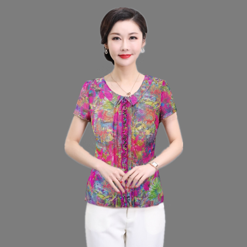 凯斯曼中老年女装妈妈夏季短袖台湾网纱上衣修身速干薄款花色T恤