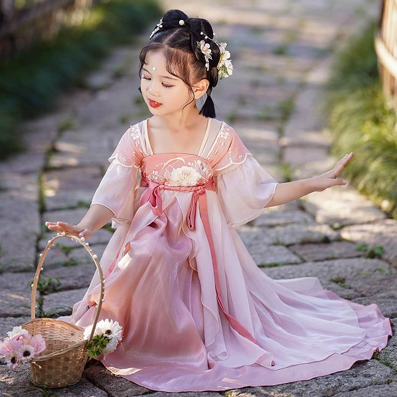 中秋节汉服女童超仙嫦娥连衣裙2022新款儿童小孩国风古装粉色游玩