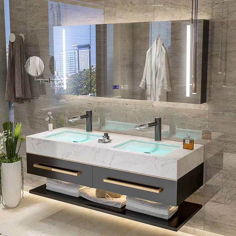 智能轻奢岩板浴室柜组合套装卫生间现代洗手池洗脸盆卫浴镜洗漱台