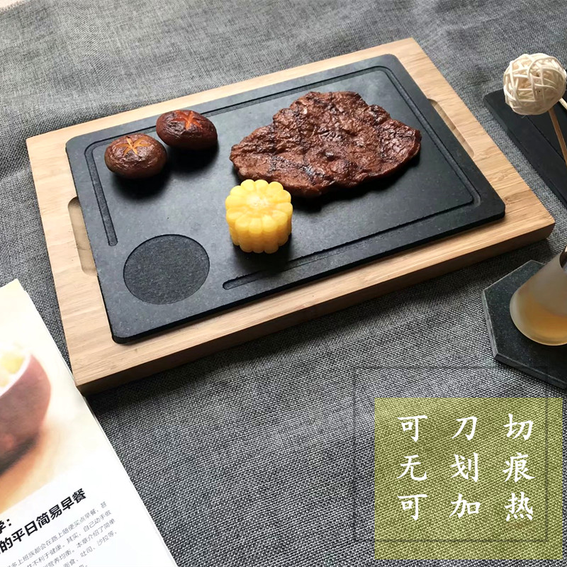 新品黑色大理石火山岩石板烧韩国烤肉西餐牛排烧烤盘酒店石头餐具