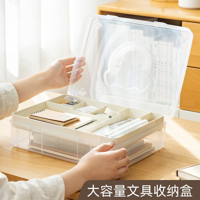 文具收纳盒手账工具学生桌面杂物分格双层透明塑料多功能收纳神器