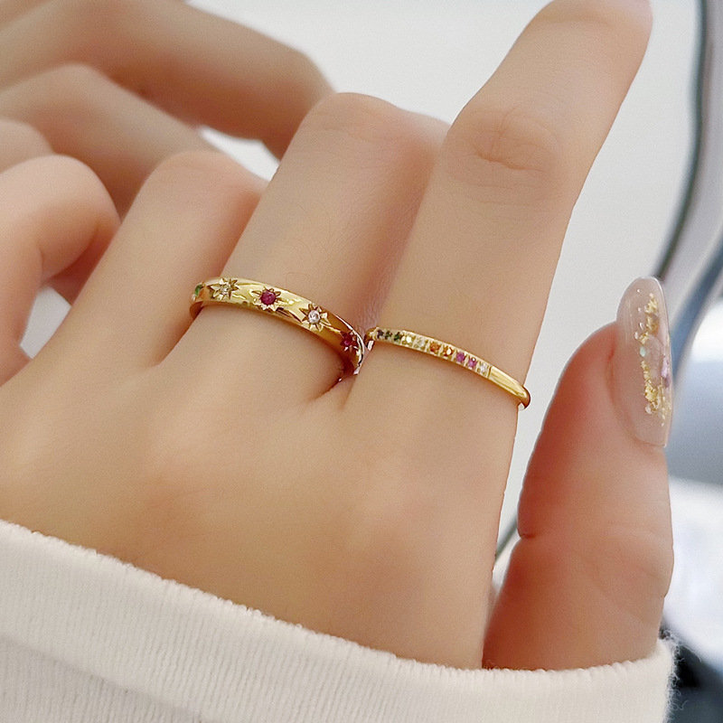 欧美时尚小巧极细特细彩钻锆石半圈满钻钛钢戒指食指叠戴指环新款