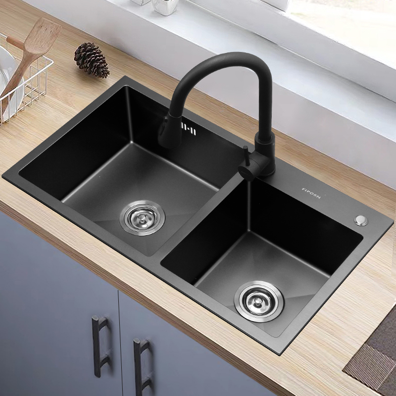 法派斯sus304不锈钢水槽 双槽黑色厨房洗菜洗碗加厚纳米水槽D8145