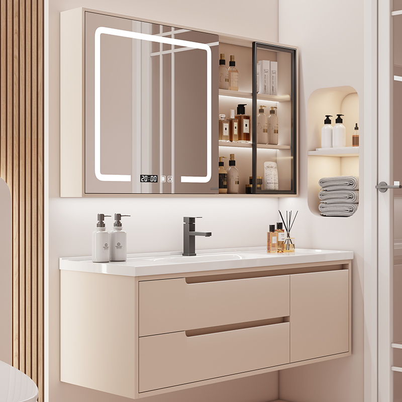 奶油风新款浴室柜组合陶瓷一体盆实木卫生间洗漱台洗脸池洗手盆柜