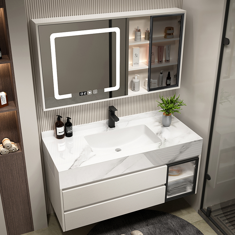 现代岩板无缝拼接一体盆浴室柜组合轻奢卫生间洗手池洗漱台洗脸盆