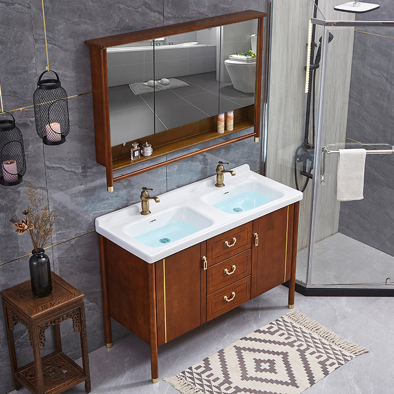 现代新中式橡木烤漆双盆浴室柜组合落地式洗手洗脸一体陶瓷洗漱台