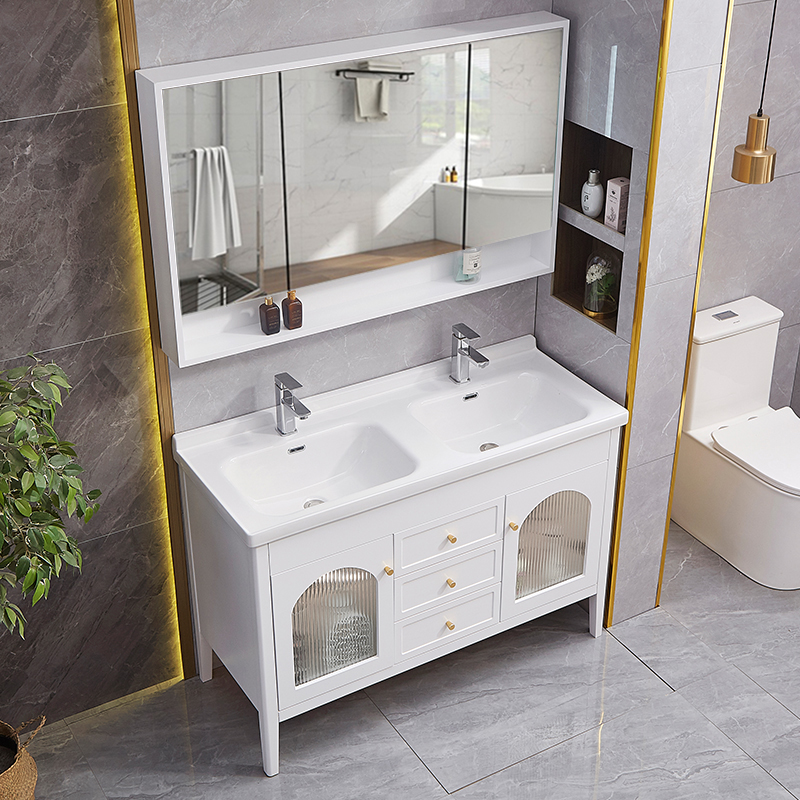 现代简约橡木双盆浴室镜柜组合落地式实木洗手洗脸一体陶瓷洗漱台