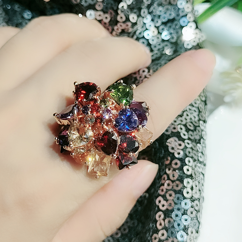 蒙娜丽莎戒指指环水晶花朵开口可调节时尚个性气质大气夸张戒指