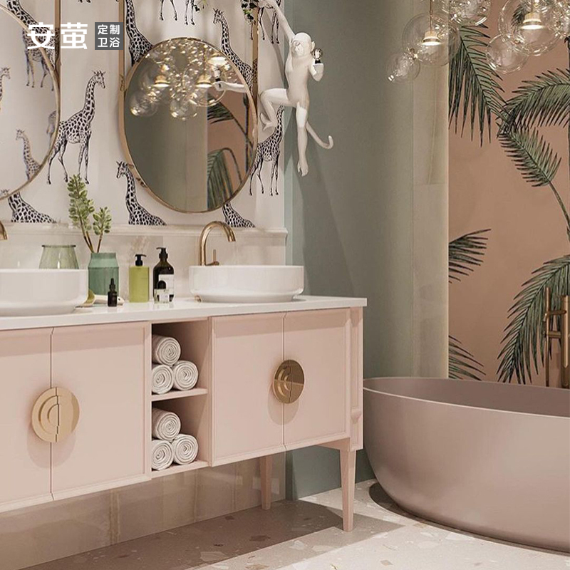 美式浴室柜现代轻奢洗手脸双池组合卫生间实木定制落地洗漱台上盆