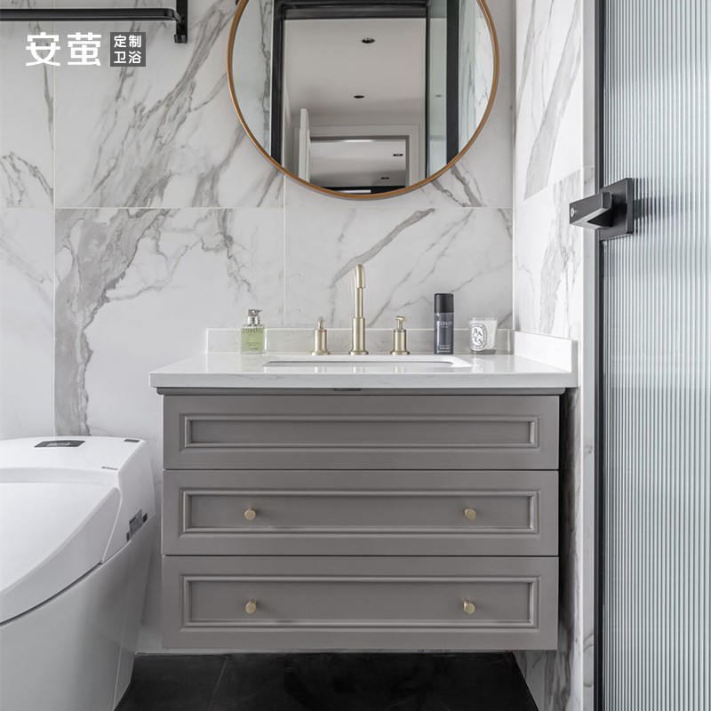 美式轻奢卫生间浴室柜组合挂墙式实木洗手脸面盆定制人造石洗漱台