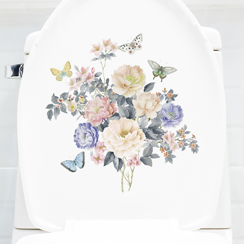 水墨淡彩植物花卉蝴蝶小清新装饰墙贴纸厕所瓷砖马桶贴画水箱盖