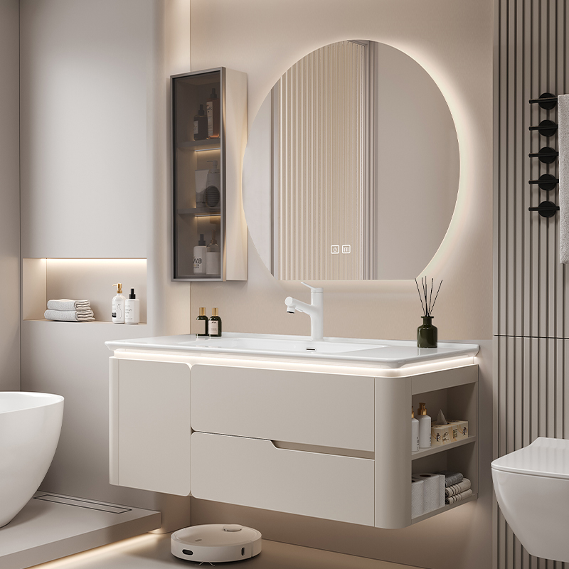 奶油风新款智能镜浴室柜组合一体陶瓷盆简约现代卫浴柜定制洗漱台