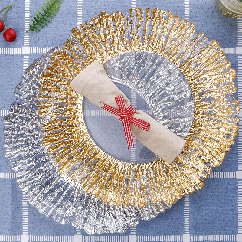 北欧风ins金边水果盘树纹创意套装玻璃盘家用简约浅平盘碟子餐盘