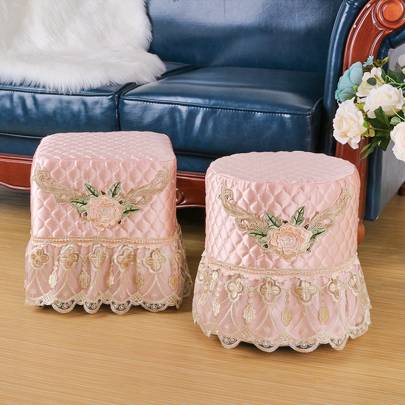 朵忆姿轻奢欧式布艺凳罩全包蕾丝刺绣圆形换鞋凳保护套方凳防尘罩