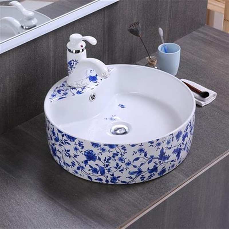 中式陶瓷台上盆洗手盆单盆圆形 台盆G家用卫生间洗脸池艺术盆牡丹