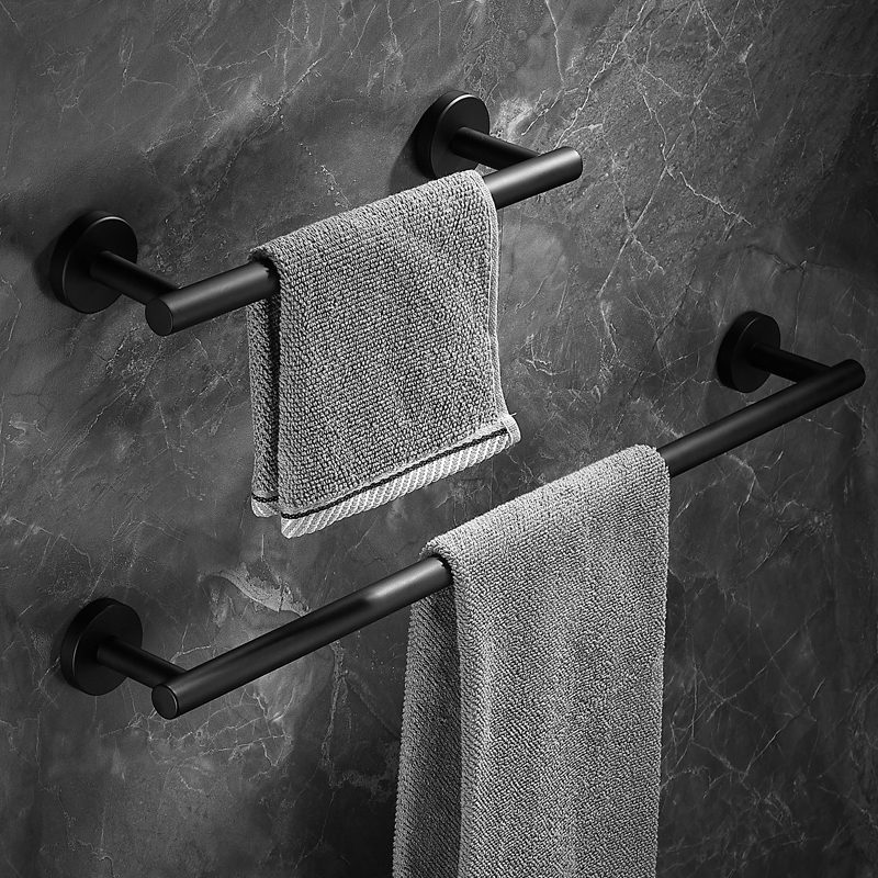 304不锈钢毛巾单杆2层卫生间卫浴毛巾架免打孔壁挂浴室黑色毛巾杆