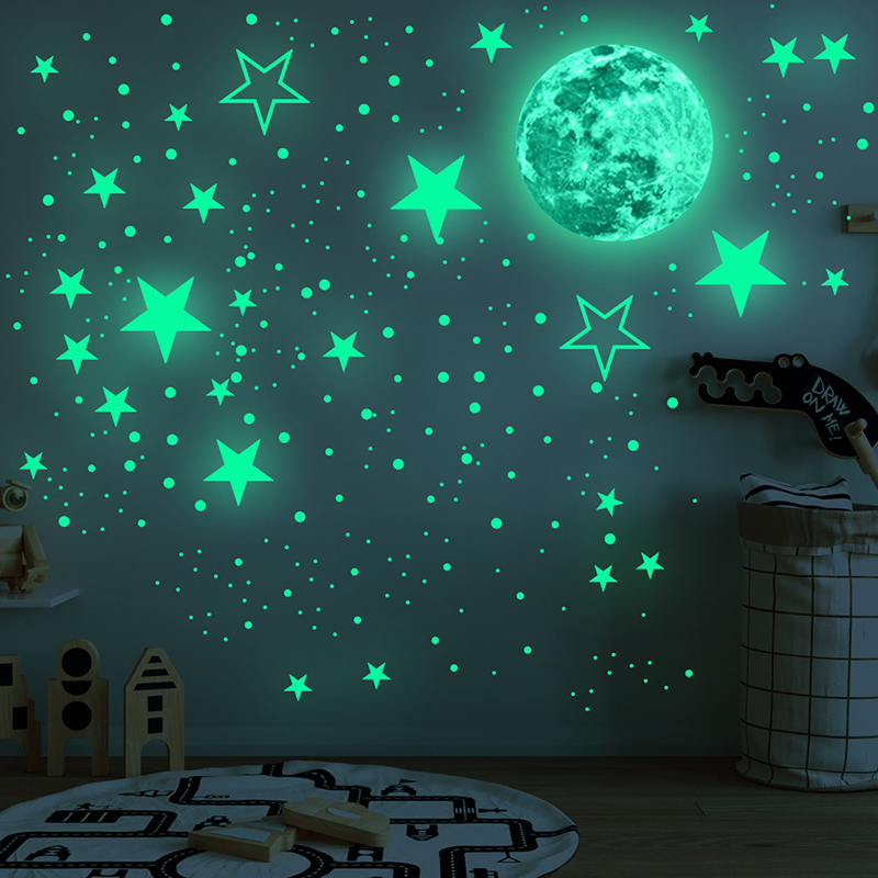 夜光月球发光星星圆点创意荧光墙贴儿童房装饰品自粘卡通夜光贴纸