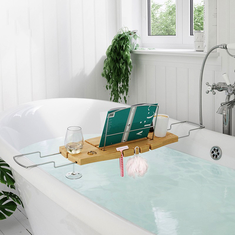 阿库拉伸缩浴缸架置物架浴室木质多功能防滑红酒架泡澡休息阅读架