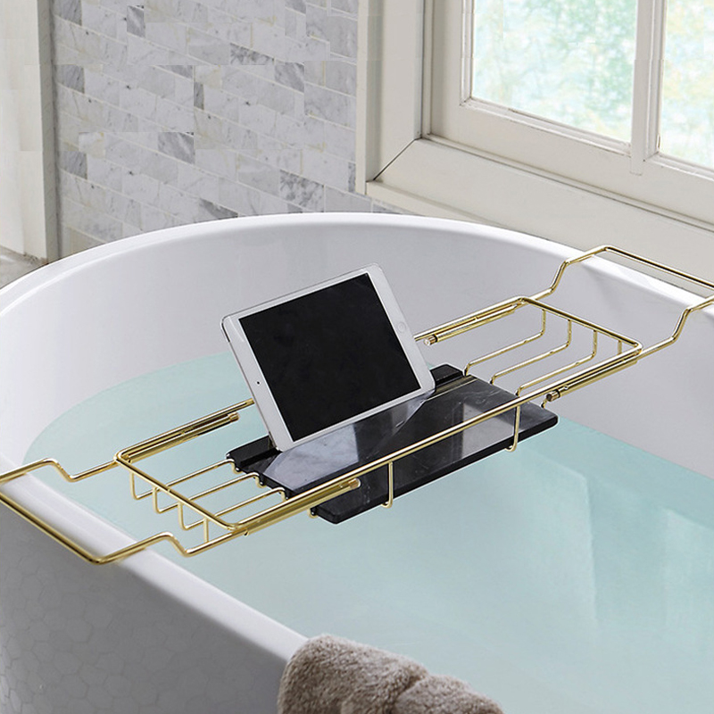 卫生间浴缸金色轻奢置物架浴缸架浴室泡澡多功能伸缩手机架大理石