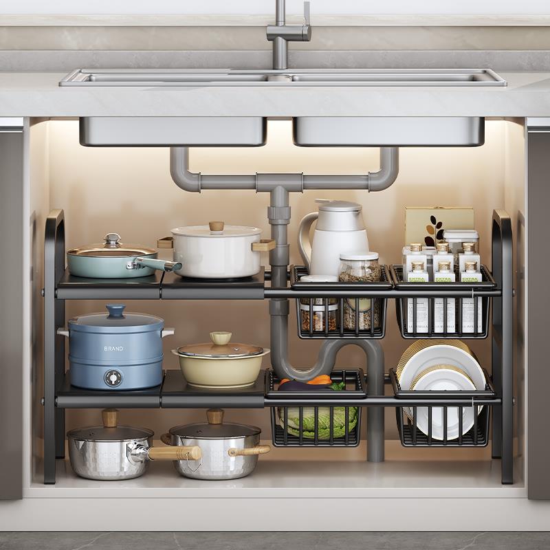 厨房下水槽多功能置物架橱柜柜内可伸缩分层架子柜子多层锅具收纳