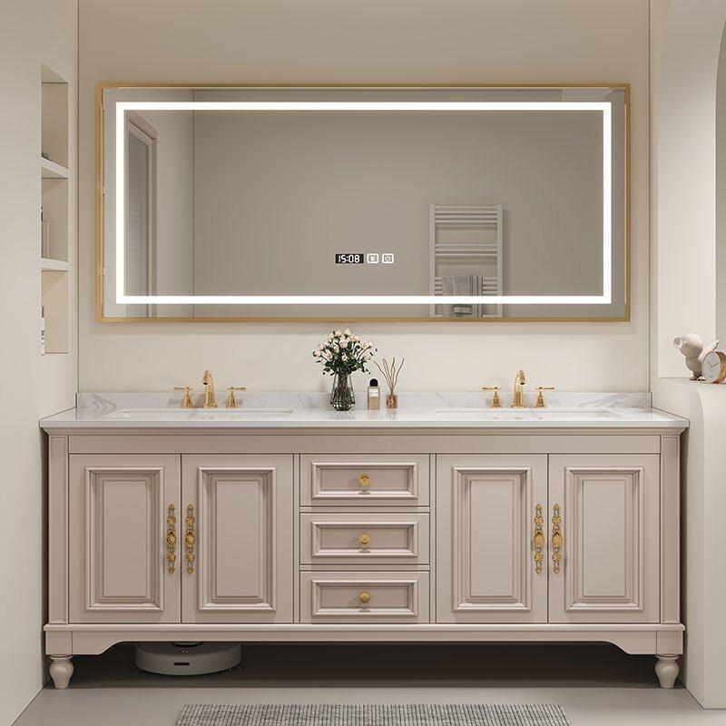 新款美式奶油风浴室柜组合橡木岩板洗手洗脸盆卫生间洗漱台落地柜