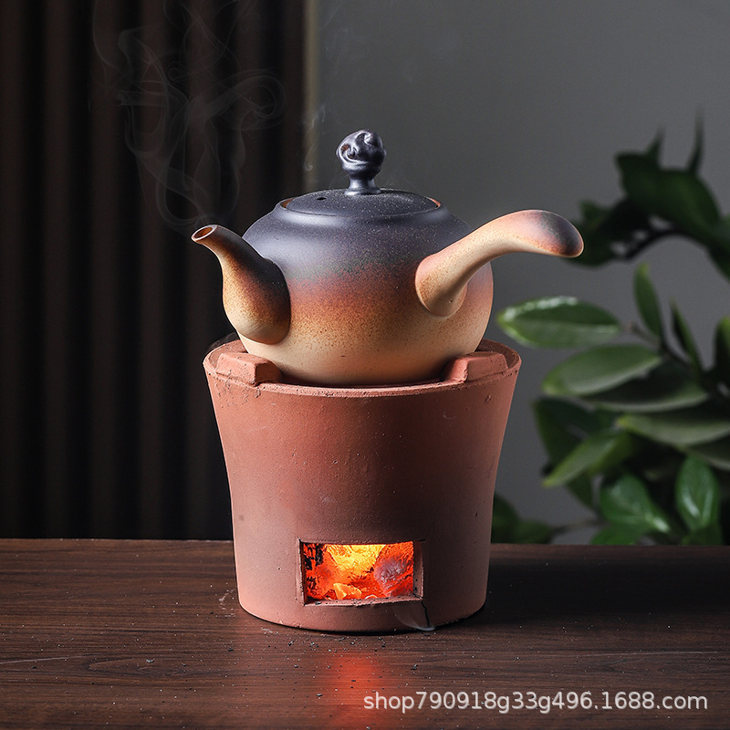 老式红泥风炉仔围炉煮茶壶泡茶陶瓷粗陶壶耐高温明火烧潮汕木炭炉