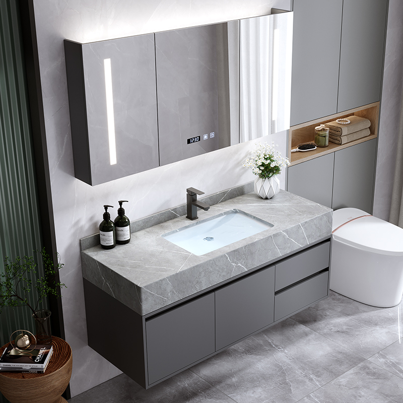 岩板一体盆现代简约浴室柜组合洗脸洗手池卫生间洗漱台盆镜柜套装