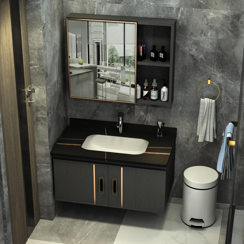 轻奢岩板太空铝浴室柜组合现代简约小户型洗脸盆家用卫生间洗漱盆