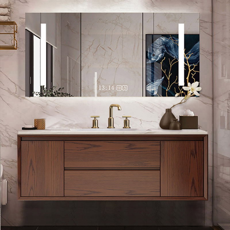 卫生间新中式浴室柜红橡木组合岩板无缝陶瓷盆洗脸盆洗漱台洗手台